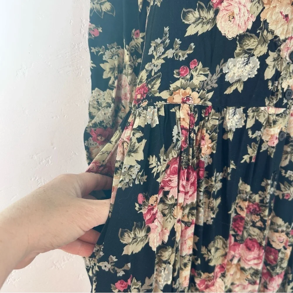 Vintage 90s Cottagecore Dark Floral Sailor Collar Midi Dress Size 7/8